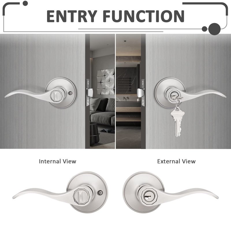 Probrico (3 Pack Entry Door Lever [Lock with 3 Keys],Locking Door Handle Set for Office or Front Door,Satin Nickel Finish Wave Entrance Door Lock with Key, Reversible Right & Left Side Handed - Image 4